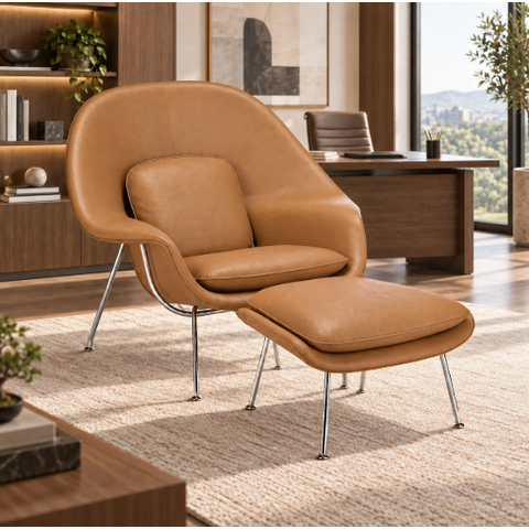 Poltrona Womb Chair com Puff em Couro Ecológico Caramelo