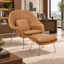 Ver imagem 1 de Poltrona Womb Chair com Puff em Couro Ecológico Caramelo