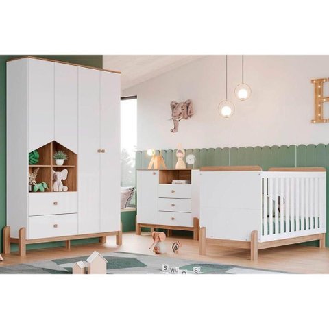 Quarto de Bebê Completo Ternura 3 Peças (1 Guarda Roupa + 1 Berço + 1 Cômoda) Qi79 Branco-