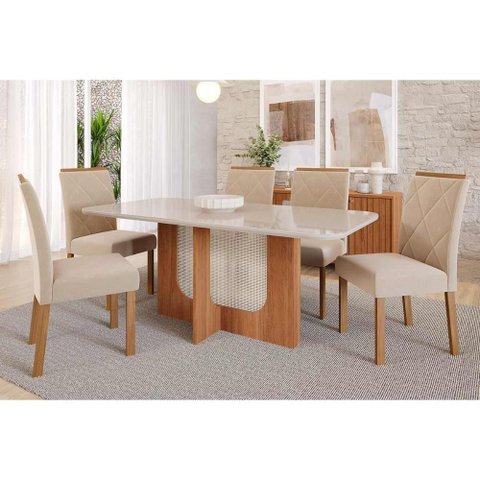 Conjunto: Mesa de Cozinha Louise Tampo Madeirado C/ Vidro 180x90cm e 6 Cadeiras Fernanda Cinamomo/