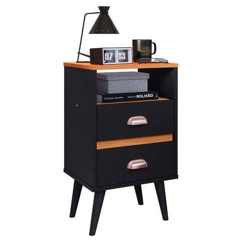 Mesa de Cabeceira Retrô Mesinha Pequena Canto Quarto Apoio Cama 2 Gavetas Nicho Preto/Cinamomo-RPM