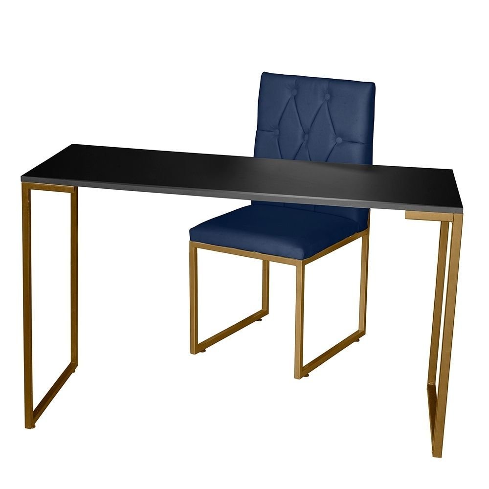 Kit Home Office Mesa Para Escritorio com Cadeira Malta Ferro Dourado Suede Azul Marinho - Móveis