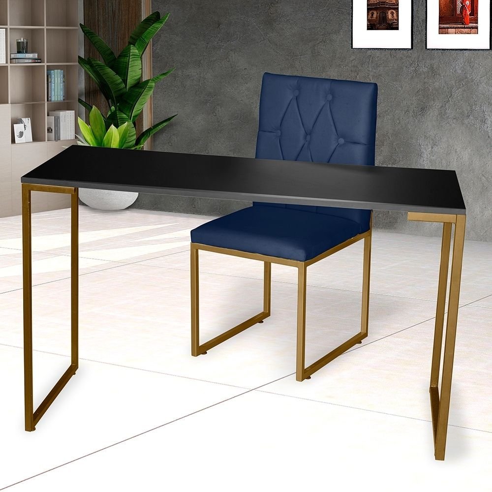 Kit Home Office Mesa Para Escritorio com Cadeira Malta Ferro Dourado Suede Azul Marinho - Móveis - 2