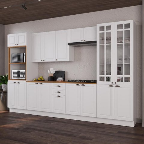 Armário de Cozinha Modulada Completa Fidelitá Nara 100% MDF 6 Peças 350cm 18 Portas 2 Gavetas com