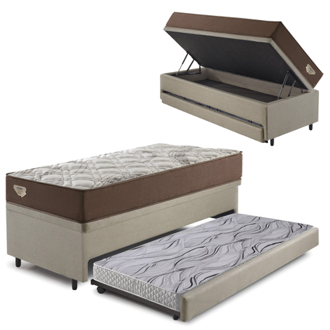 Bicama Box Baú Solteiro com Linho Bege 88x188 com Colchão Relax Adorabile Molas Ensacadas Ecoflex