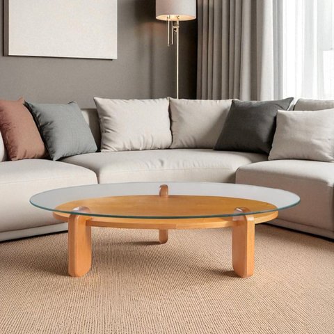 Mesa de Centro para Sala de Estar com Vidro e Madeira Maciça Prisma