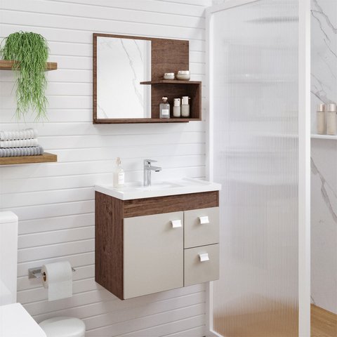 Gabinete Suspenso com Cuba e Espelheira Isa Marrom/Amêndoa/Off White