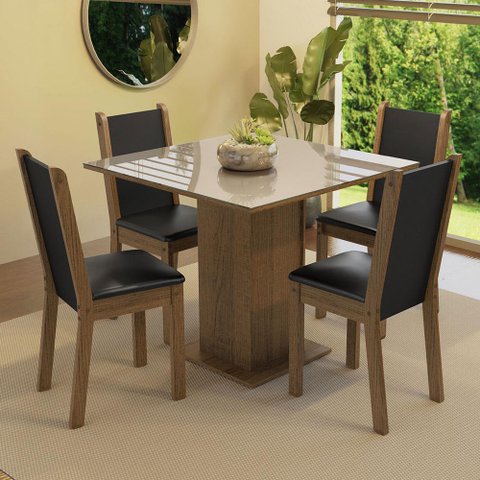 Conjunto Sala de Jantar Mesa Tampo de Vidro 4 Cadeiras Rustic/crema/preto Tifani Madesa