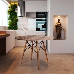 Mesa Redonda de Jantar Eames Eiffel 90cm Amêndoa Base Madeira Maciça Marrom