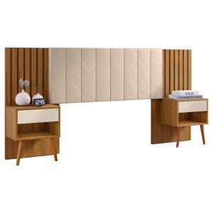 Cabeceira Box Zara com Capitonê e Mesa de Cabeceira - Robel - Ml Robel Móveis Cabeceira Casal e Quee