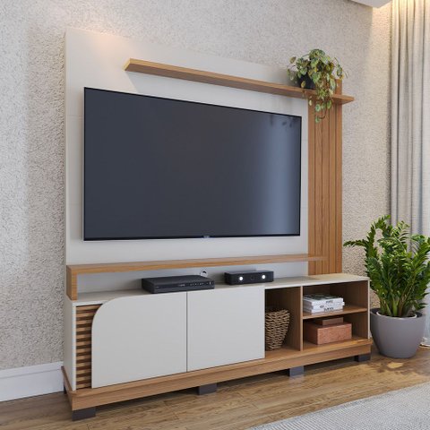Estante Painel para TV 75 pol 182cm Mayer C04 Off White Matte Freijó - Lyam Decor