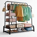 Ver imagem 1 de Arara Cabideiro Duplo com Estante Lateral e Sapateiro Dy-4yc Preto