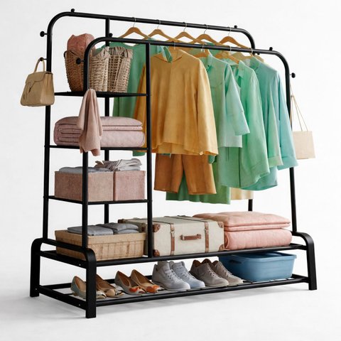 Arara Cabideiro Duplo com Estante Lateral e Sapateiro Dy-4yc Preto