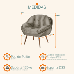 Poltrona Decorativa Almofadada Pé Palito Veludo Dallas Bege | Camurça - Sofá Casa - 3