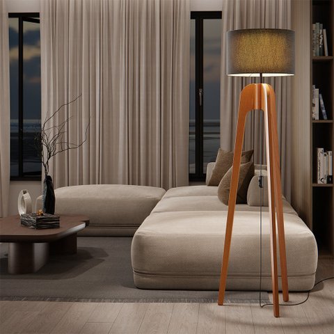 Luminária Premium Abajur de Chão Paris Madeira Maciça Cupula Preta