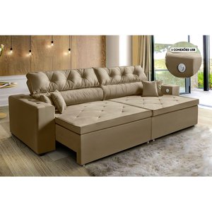 Sofá 3 Lugares Smart Castor Retrátil, Reclinável 2,02 Metros Tecnologia Carregamento 3 Portas Usb