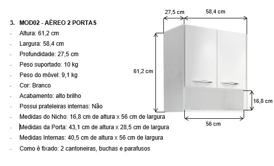 Armário Módulo Aéreo 2 Portas Branco de Banheiro, Lavanderia - 2