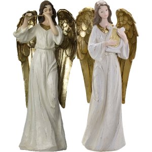 Dupla Anjos Músico Harpista Flautista em Resina Natal 38cm