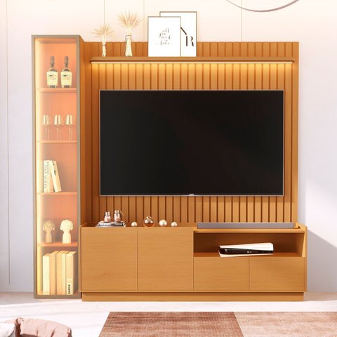 Rack com Painel para TV até 75 Polegadas Ripado com LED e Vidro Reflecta 100% MDF 219CMX223CM Vitoria Regia Yescasa Nature