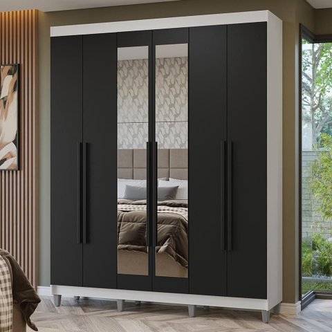 Guarda-Roupa Casal com Pés 6 Portas Batentes com Espelho Netuno Madesa