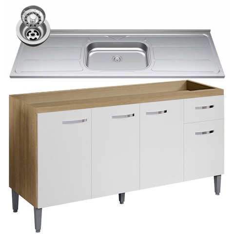 Balcão de Cozinha com Pia Inox 150cm Gabriela Amêndoa/branco - Ajl Móveis