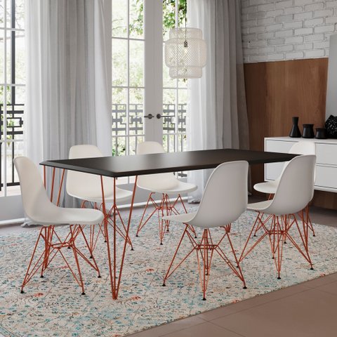 Conjunto De Mesa Eames Clips De Ferro Cobre Tampo Preto 135x75 6 Cadeiras Cobre Assento Branca