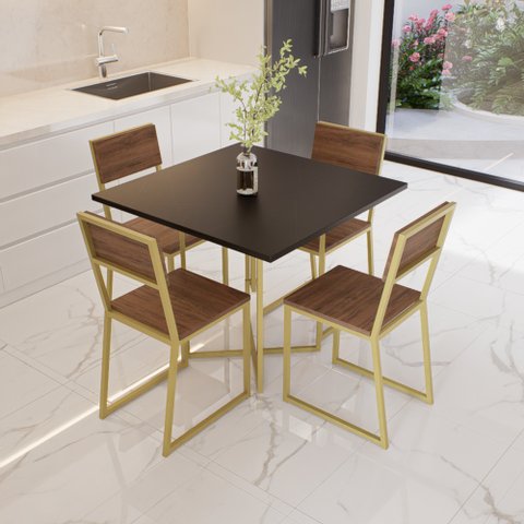 Conjunto Mesa de Jantar Quadrada Preta 4 Cadeiras Imbuia Riviera Industrial Dourado Don Castro Decor