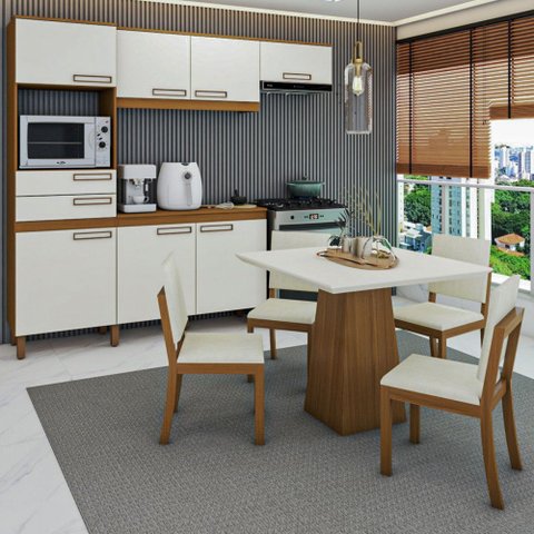 Cozinha Completa com Mesa e 4 Cadeiras Paulista 7 Portas 2 Gavetas Nature/off White/linho - Panorama