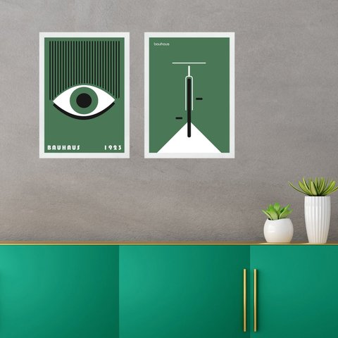 Kit 2 Quadros Artes Bauhaus Verde - Olho e Bike 33x24cm:moldura Branca