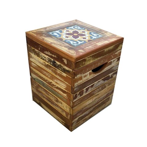 Banco BANQUETA PUFF Madeira Com Ladrilho Banco Artesanal Baú pátina branca MINAS ARTE PRÓPRIA banco 
