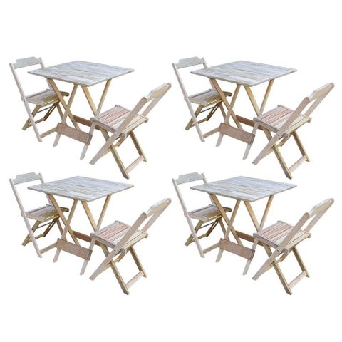 Kit 4 Jogos de Mesa Dobravel com 2 Cadeiras de Madeira 70x70 - sem Pintura