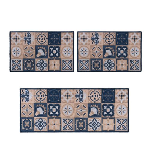 Kit 3 Peças Tapete Cozinha Passadeira Antiderrapante Domani:ladrilho Azul/3 Peças