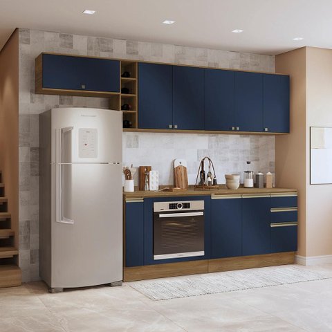 Armário de Cozinha Completa 3 Gavetas 100% Mdf 300cm Nogueira/azul Profundo Celeste Kappesberg