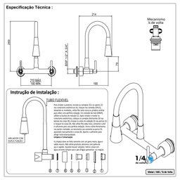 Torneira Misturador Parede Flexível Luxo Preto Fosco 1/4V - 7