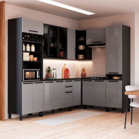 Cozinha Modulada Canto Torre Quente 8 Peças Diamante Cinza/Chumbo/Titânio