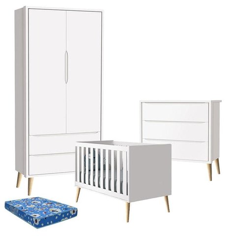 Quarto de Bebê Theo 2 Portas com Colchão e Cômoda Gaveteiro Branco Acetinado Pés Madeira Natural - R