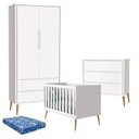 Ver imagem 1 de Quarto de Bebê Theo 2 Portas com Colchão e Cômoda Gaveteiro Branco Acetinado Pés Madeira Natural - R