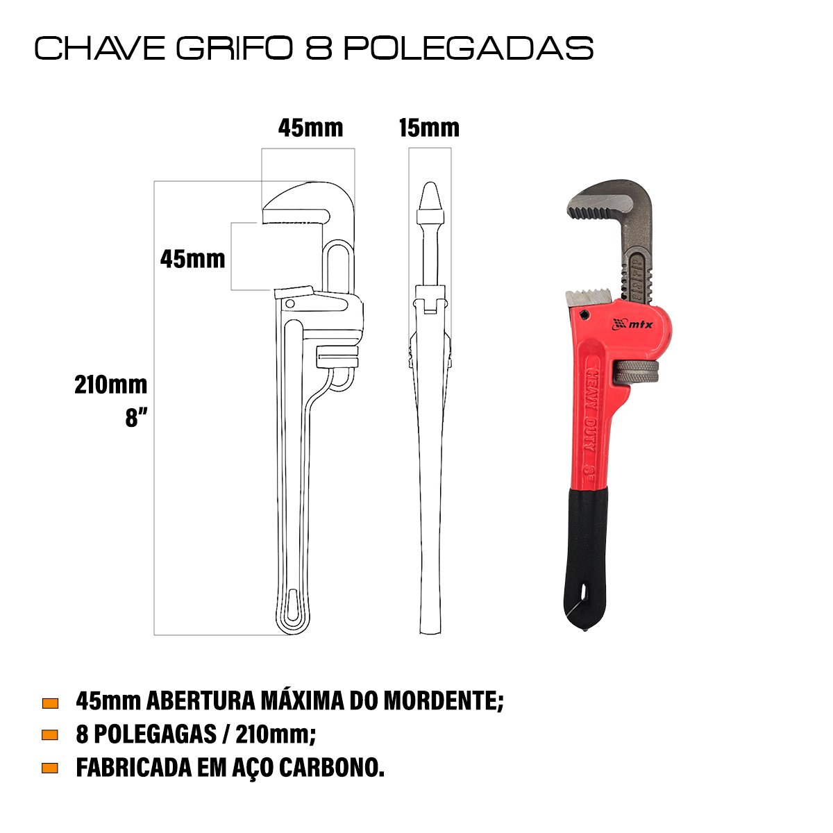 Chave Grifo Tipo Americano Mordentes em Aço 8pol. 200mm Mtx - 2