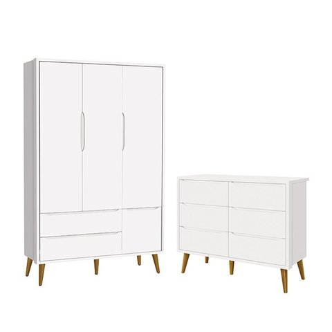 Jogo de Quarto Infantil Theo Guarda Roupa 3 Portas e Cômoda 6 Gavetas Branco Fosco com Pés Amadeirad