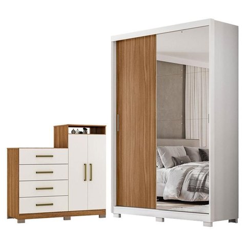 Guarda Roupa Casal Riva Branco Amêndola Touch Flex com Espelho e Pés e Cômoda Sapateira Áurea Amêndo