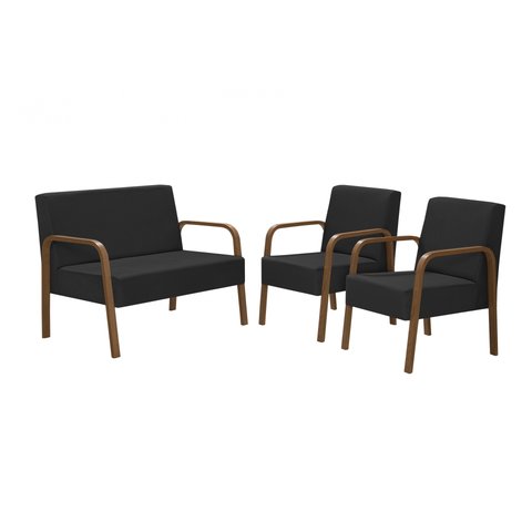 Conjunto Jade 1 Poltrona 2 Lugares e 2 poltronas de 1 lugar Braço Madeira D Salla Suede Preto