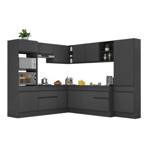 Armário de Cozinha Completa de Canto com Rodapé Veneza Multimóveis V2082 Preto