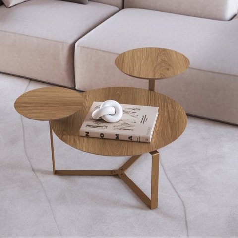 Mesa de Centro Três Tampos Chanfrado Orgânica Pé Metal Complementos