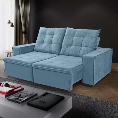 Sofá Porsche Retrátil/Reclinável 4Lugares Veludo Azul 2,15m