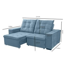 Sofá Porsche Retrátil/Reclinável 4Lugares Veludo Azul 2,15m - 5