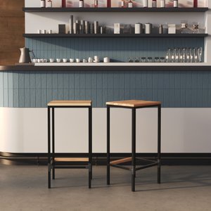 Kit 2 Banqueta em Aço Alta Industrial com Assento de Madeira Maciça 75cm - Preto