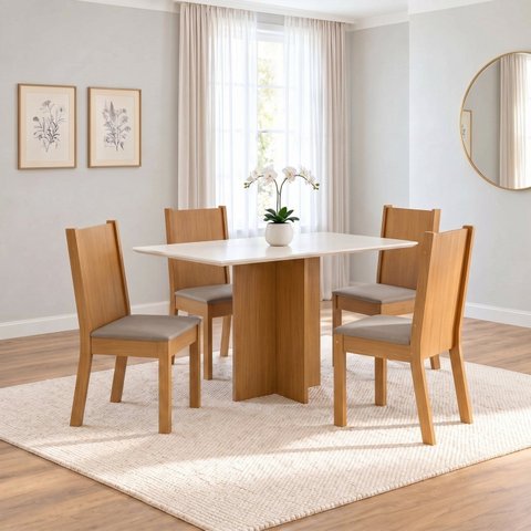 Conjunto Sala de Jantar Mesa Lana 120cm Tampo MDF Canto Reto 4 Cadeiras Tami