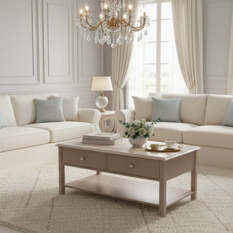 Mesa de Centro 2 Gavetas Tampo de Madeira Maciça Escovada Louise