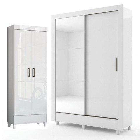 Guarda Roupa Bélgica 2 Portas com Espelho e Armário Multiuso Fit com Pés Branco Brilho - Santos