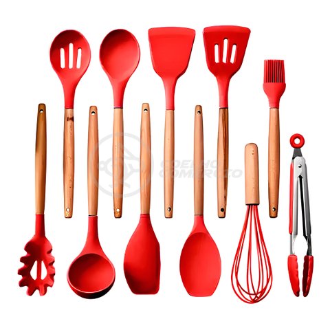 Kit 12 Utensílios de Cozinha Peças de Silicone e Cabo de Madeira Madeira Resistentes - Vermelho